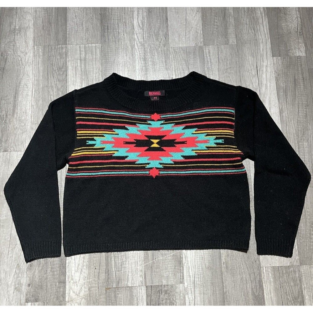 Rock & Roll Cowgirl Black Southwestern Geometric Knit Crewneck Sweater Medium
